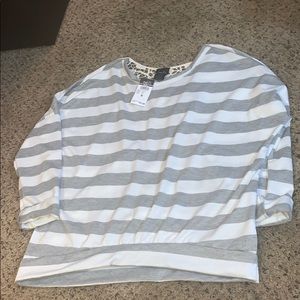 Gray and white striped cozy crew neck